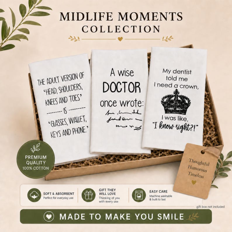 A gift set of three humorous midlife kitchen towels perfect for birthday for her, funny kitchen hostess gift, 40th, 50th, 60th, 70th birthday over the hill milestone party gag gift