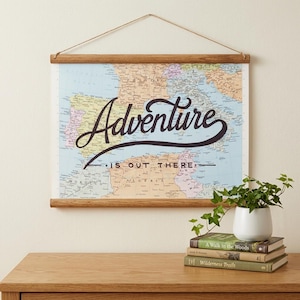 Vintage World Map Wall Art Travel Theme Adventure Quote Hanging Wooden Rail Decor Office Decoration Retirement Gift Enthusiast Graduation