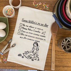 Disney Snow White&#39;s To-Do list- screen printed cotton flour sack kitchen tea towel generous 30x30&quot; size white towel with black ink
