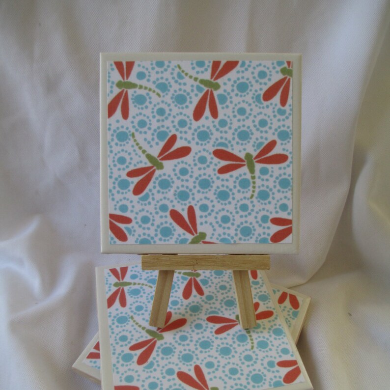 Dragonfly Ceramic Tile Coasters Set Of 4 Handmade Drink Image 0