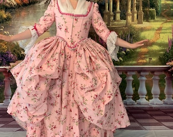 18th century colonial Rococo Baroque Georgian Marie Antoinette Robe Anglaise Polonaise Fetes Galantes gown