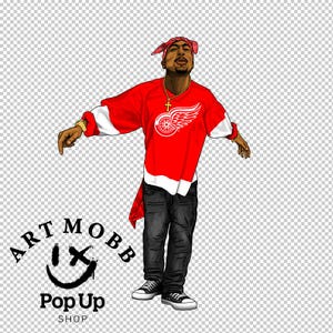 May include: Illustration of a person wearing a red and white hockey jersey with a Detroit Red Wings logo, a red bandana, and black jeans. The image includes the text "ART MOBB Pop Up SHOP" with a smiley face.