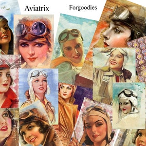 May include: A collage of vintage illustrations featuring women wearing aviator goggles and helmets. The images are in various colours and styles, with some featuring a blue sky background and others with a more abstract design. The text "Aviatrix" and "Forgoodies" is visible at the top of the collage.