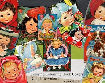 Children's Colouring book covers Digital Download toppers, embellishments for junk journals, scrapbooks, cardmaking, paper crafts, collage