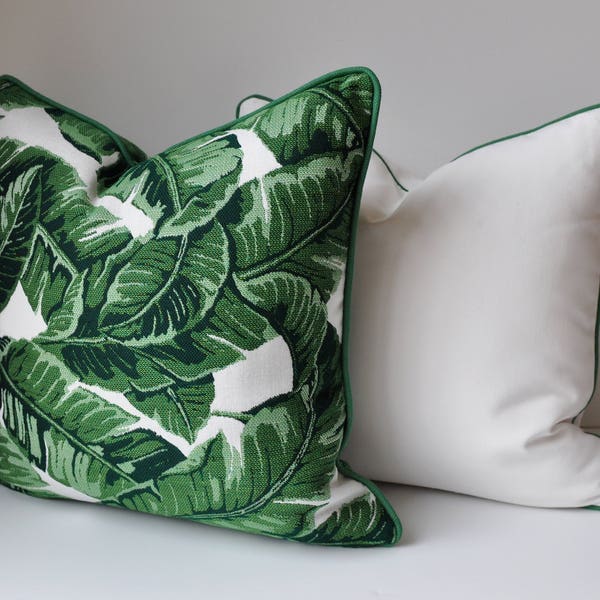Sunbrella Tropical Leaf Pillow Cover: Green Palm Print with Piping