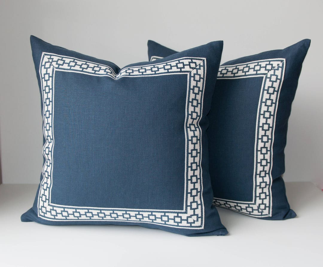 Ivory White Linen Pillow Cover with Geometric Trim in Navy – OneHappyPillow