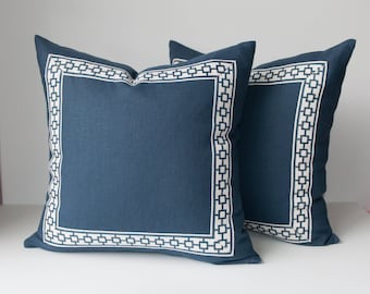 Navy Linen Pillow Cover: Greek Key Geometric Trim, Hand-crafted