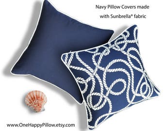 Nautical Pillow Cover -Sunbrella® Fabric -Navy Pillow Cover - Coastal Pillow -Blue Pillow Cover -Beach Themed Pillow Cover- Blue and White