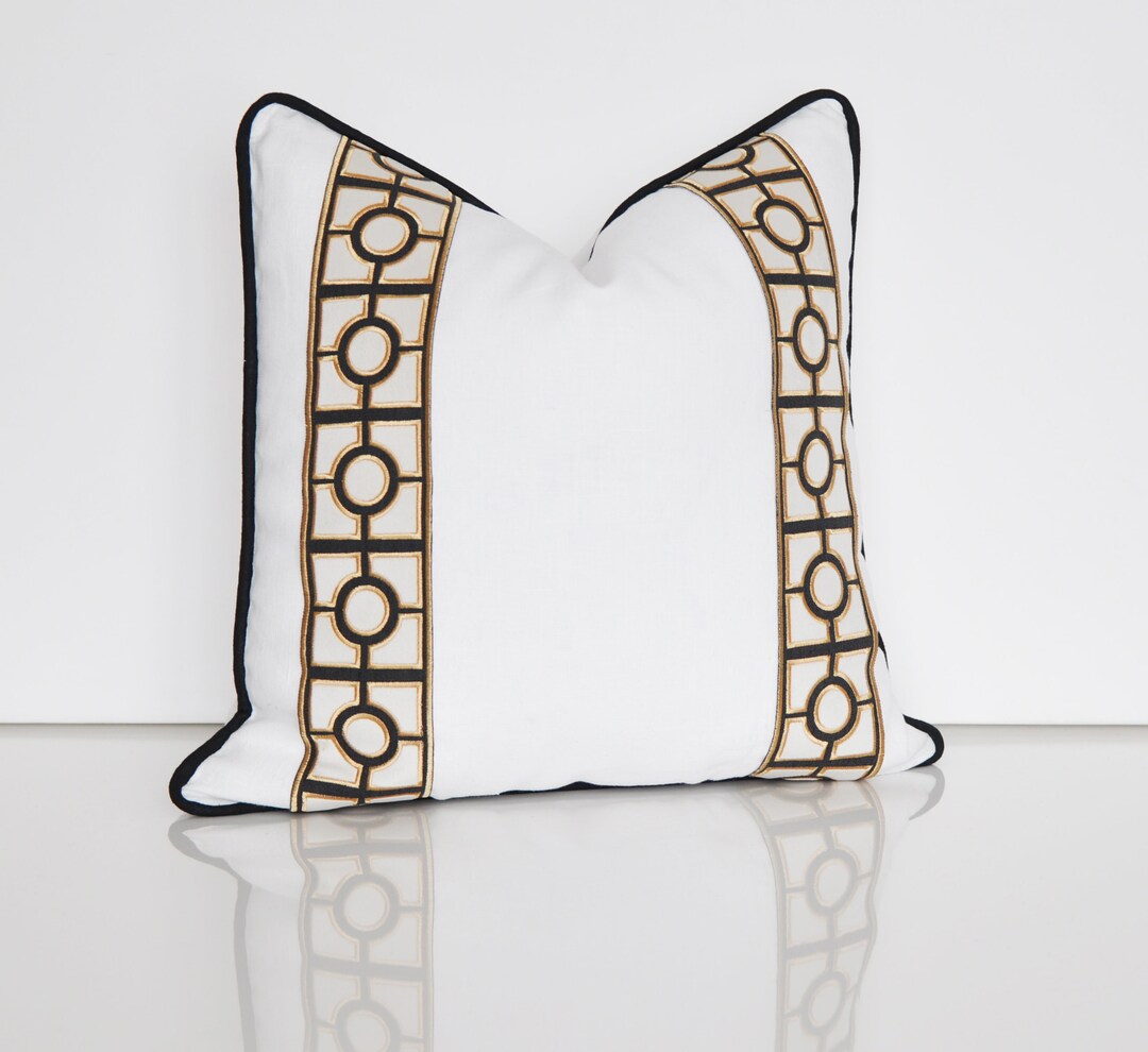 White Throw Pillow Cover Pillow With Gold Trim Linen Pillow Cover euro