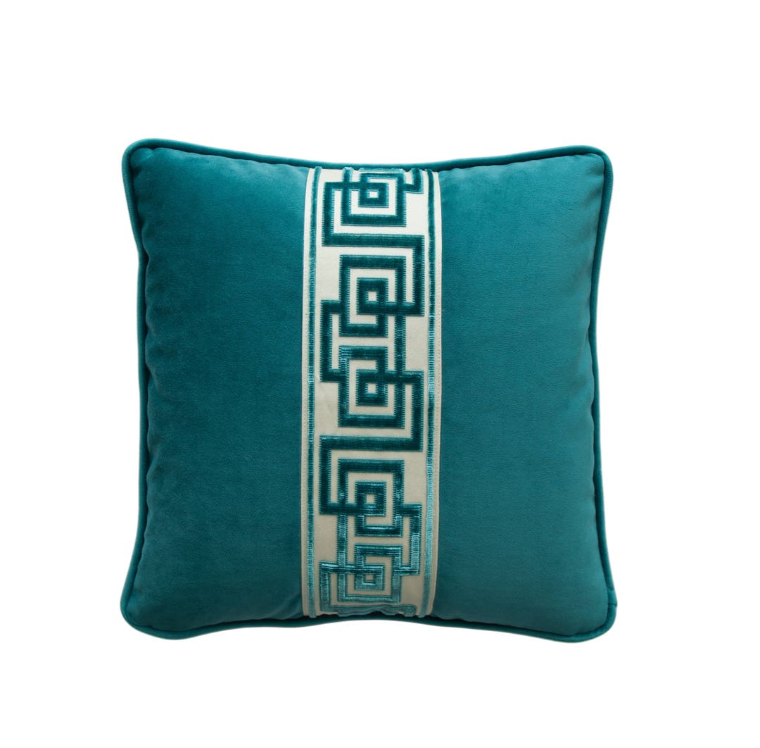 Greek Key Pillow teal Pillow Cover Peacock Throw Pillow Cover samuel and Son Ribbon velvet