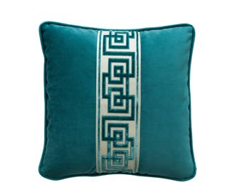 Teal Velvet Pillow Cover: Greek Key Samuel and Sons Border, 16x16