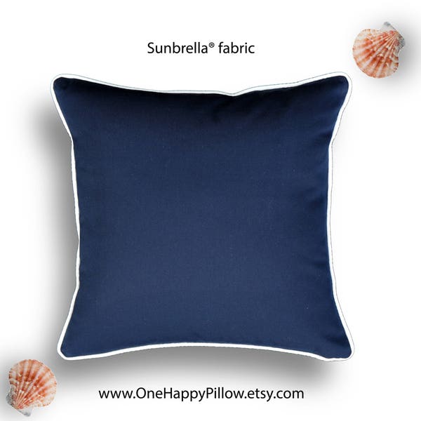 Navy Pillow Cover -Sunbrella® Fabric -Blue Pillow Cover - White Piping- Pillow Cover -Beach Themed Pillow Cover- Blue and White