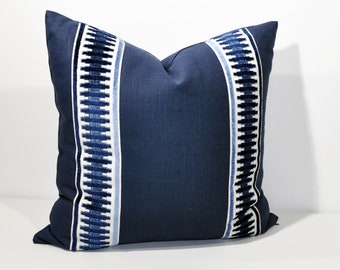 Navy Linen Pillow Cover - Navy Blue Pillow Cover  -Euro Pillow Cover- Pillow with Trim -Geometric Print -Raised Velvet Trim