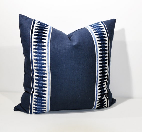 Navy Linen Pillow Cover Navy Blue Pillow Cover euro Pillow Cover Pillow  With Trim geometric Print raised Velvet Trim - Etsy