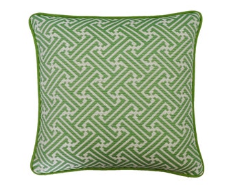 Sunbrella Pillow Cover -Green Pillow Cover - Greek Key Pillow - Green and White Pillow - Palm Pillow -Pillow With Piping -Indoor and Outdoor