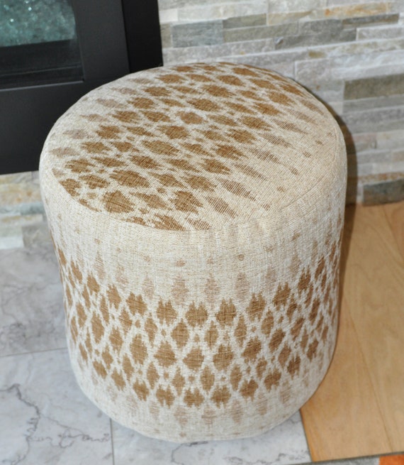 Round Pouf Cover: Beige & Brown Jacquard Ottoman Seat