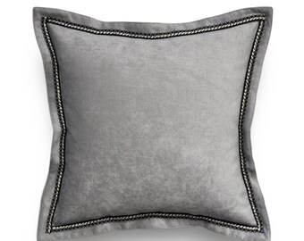 Gray Velvet Throw Pillow Cover - Solid Throw Pillow -Gray Throw Pillows - Velvet Pillow Cover - Flange Pillow -Silver Pillows -Trim Pillow