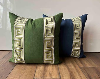 Navy Linen Pillow Cover - Greek Key Pillow Cover  - Euro Pillow Cover- Pillow with Trim -Geometric Print -Raised Velvet Trim