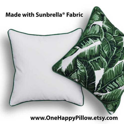Housse de coussin blanche : tissu Sunbrella, passepoil passepoilé, intérieur/extérieur