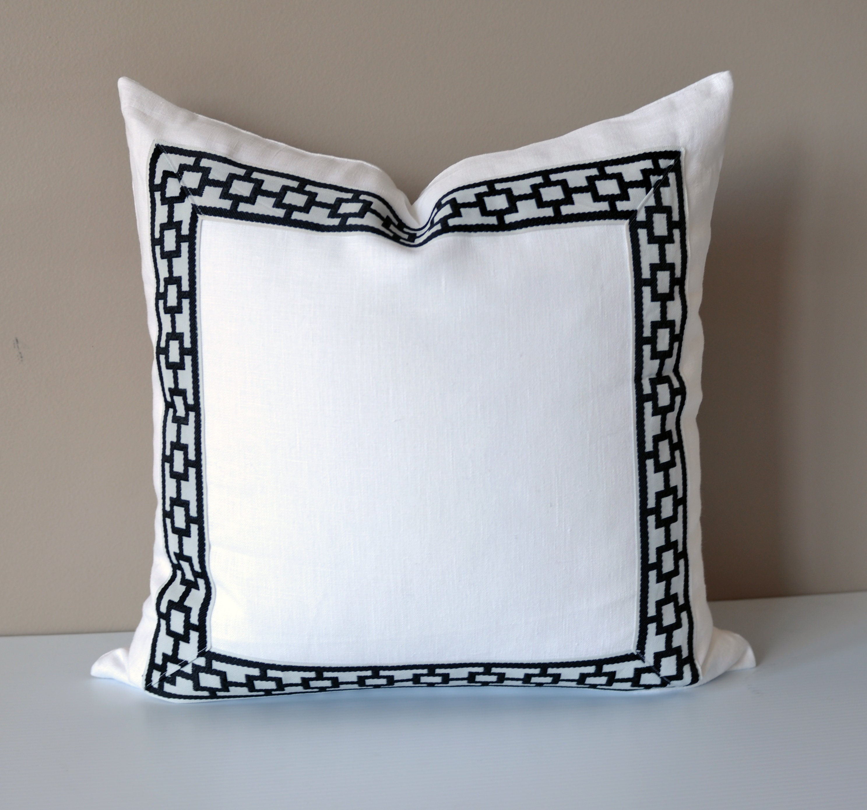 White Linen Pillow Cover Mitered Trim Pillows Pillow With Etsy