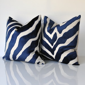 SET OF TWO - Thibaut Pillow Covers - Zebra Print Covers - Raised Velvet Pillow Covers -Blue Throw Pillow - Taupe -Animal Print Pillow Covers