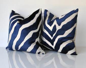 SET OF TWO - Thibaut Pillow Covers - Zebra Print Covers - Raised Velvet Pillow Covers -Blue Throw Pillow - Taupe -Animal Print Pillow Covers