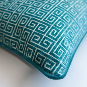 Velvet Throw Pillow Cover -Greek Key Pillow Cover- Teal Pillow Cover -Robert Allen Fabric -Greek Keys Pattern -Turquoise Pillow Cover