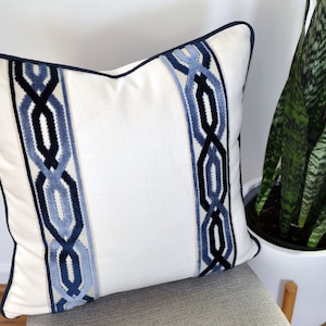 White Linen Pillow Cover - White and Navy  -Euro Pillow Cover- Pillow with Trim -Geometric Print -White an Navy Pillow - Bed Pillow Cover