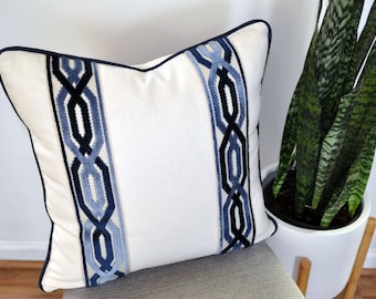 White Linen Pillow Cover - White and Navy  -Euro Pillow Cover- Pillow with Trim -Geometric Print -White an Navy Pillow - Bed Pillow Cover