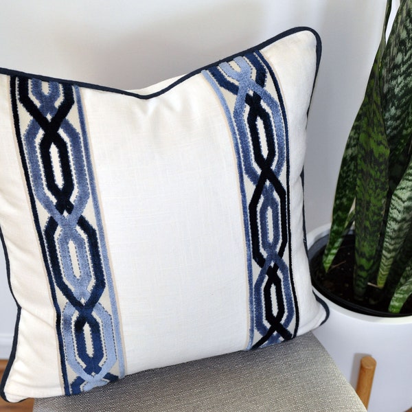 White Linen Pillow Cover - White and Navy  -Euro Pillow Cover- Pillow with Trim -Geometric Print -White an Navy Pillow - Bed Pillow Cover