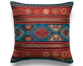 KILIM PILLOW Cover - Turkish Pillow -Tribal Pillow Cover -Ethnic Pillow Cover -Geometric Pattern -Orange and Blue Pillow -Kilim Throw Pillow