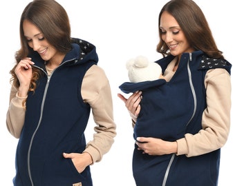 MijaCulture 3in1 Umstandswarme Trageweste / Hoodie / Jacke / Sweatshirt / für Babytragen 4131 dunkelblau