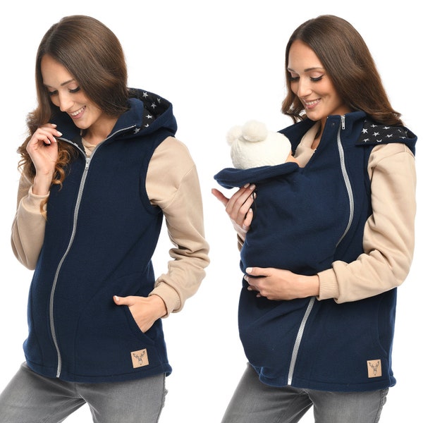 MijaCulture 3in1 Umstandswarme Trageweste / Hoodie / Jacke / Sweatshirt / für Babytragen 4131 dunkelblau