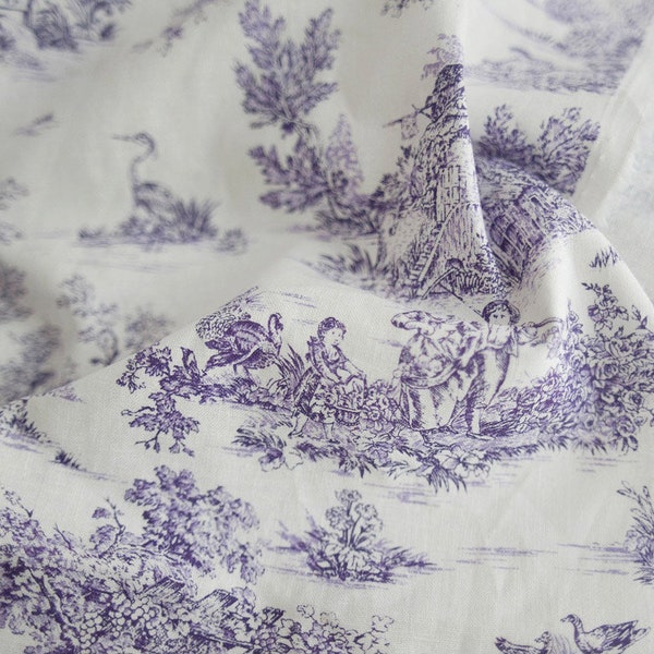 Toile de Jouy patterned Fabric made in Korea by Half Yard / 45 X 140cm 18" X 55", Cotton Linen