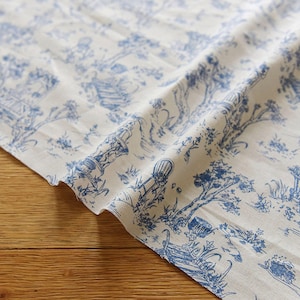 Blue Toile de Jouy Scenery Patterned Fabric made in Korea by Half Yard / 45 X 140cm 18" X 55", Cotton Linen
