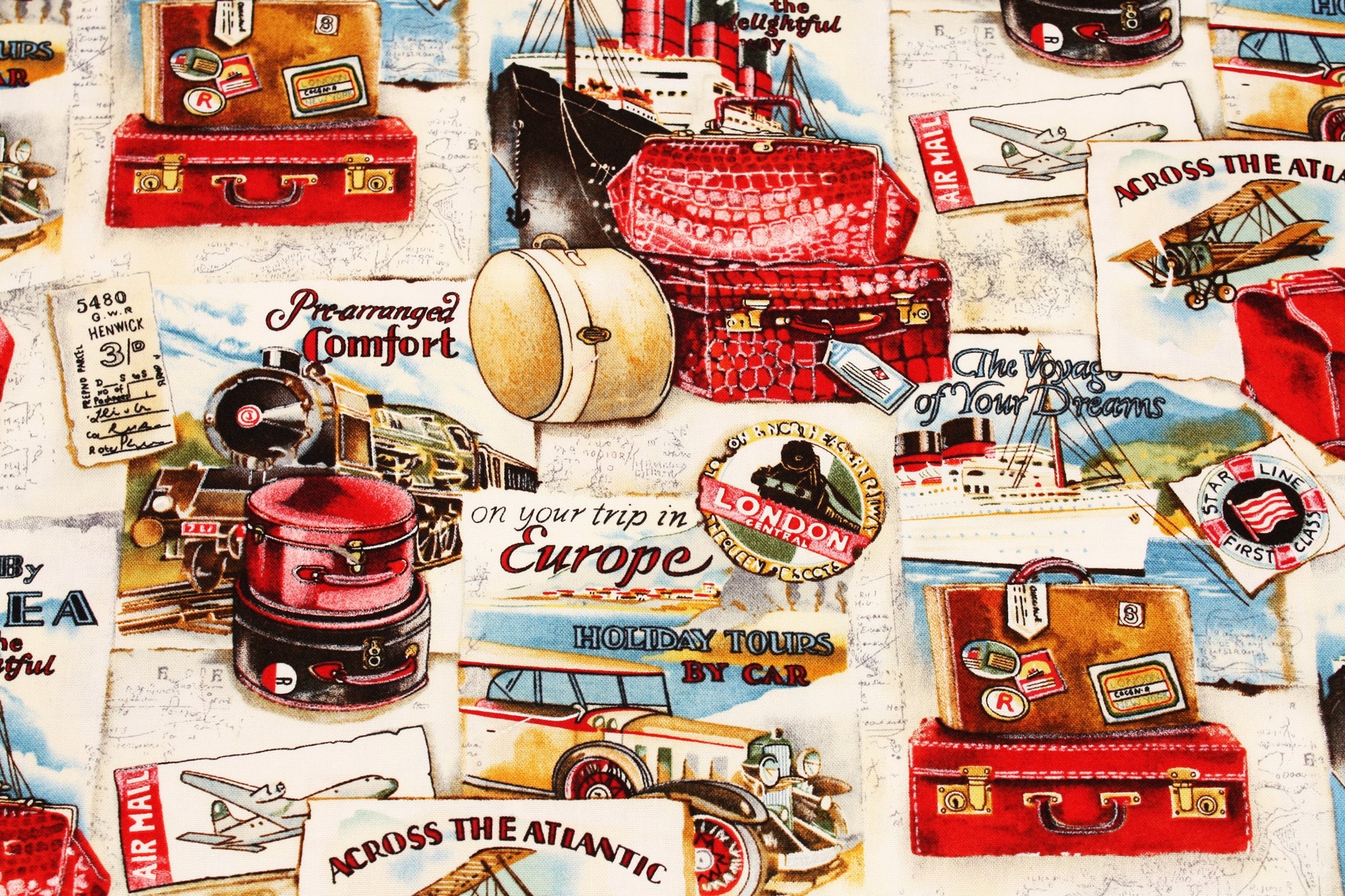 Vintage Travel Themed Fabric Across the Atlantic Timeless Etsy