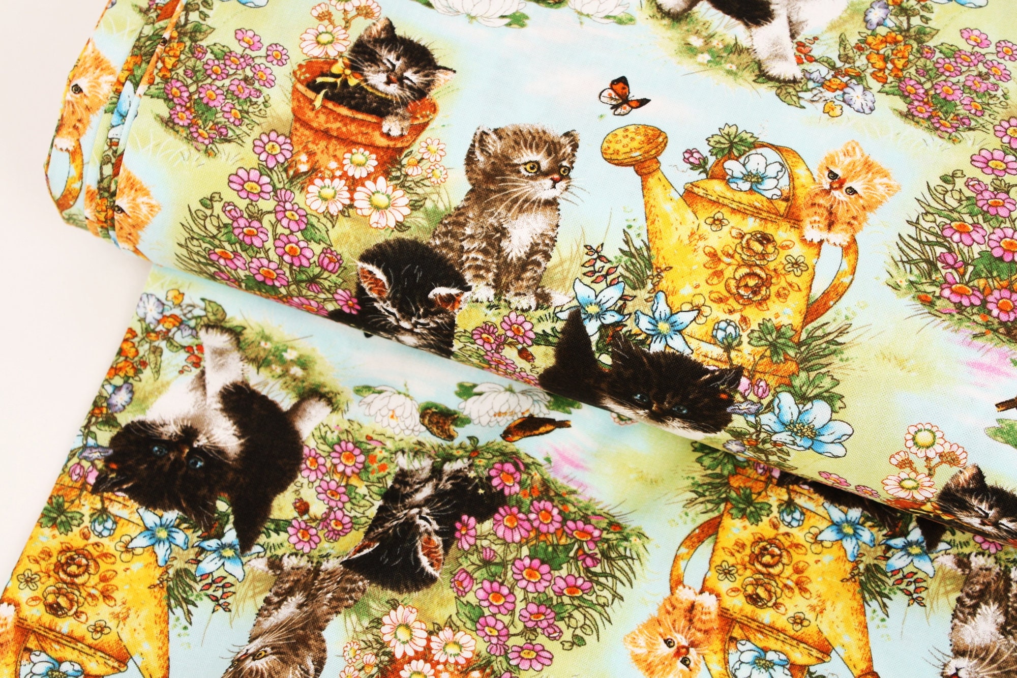 Kitty's Garden Cats Kittens printed Fabric AYJ Fabric by Etsy