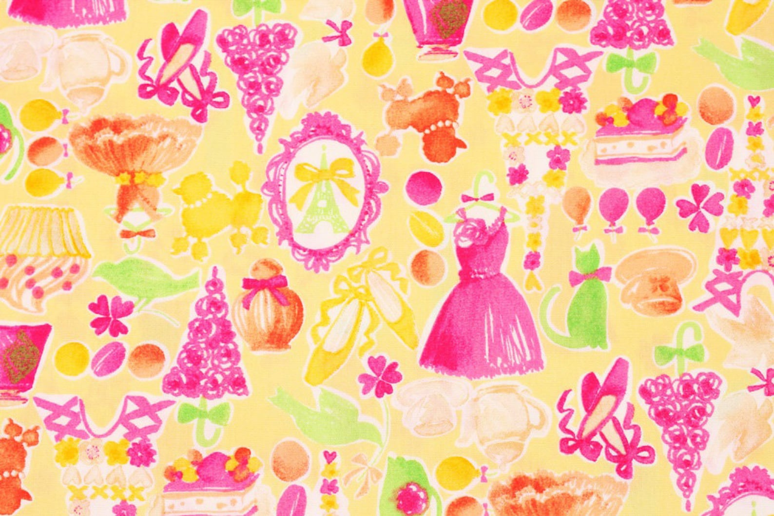 dress, muffin, ballet shoes, mirror, umbrella, cat, poodle, bird etc patterned fabric made in japan by half a yard