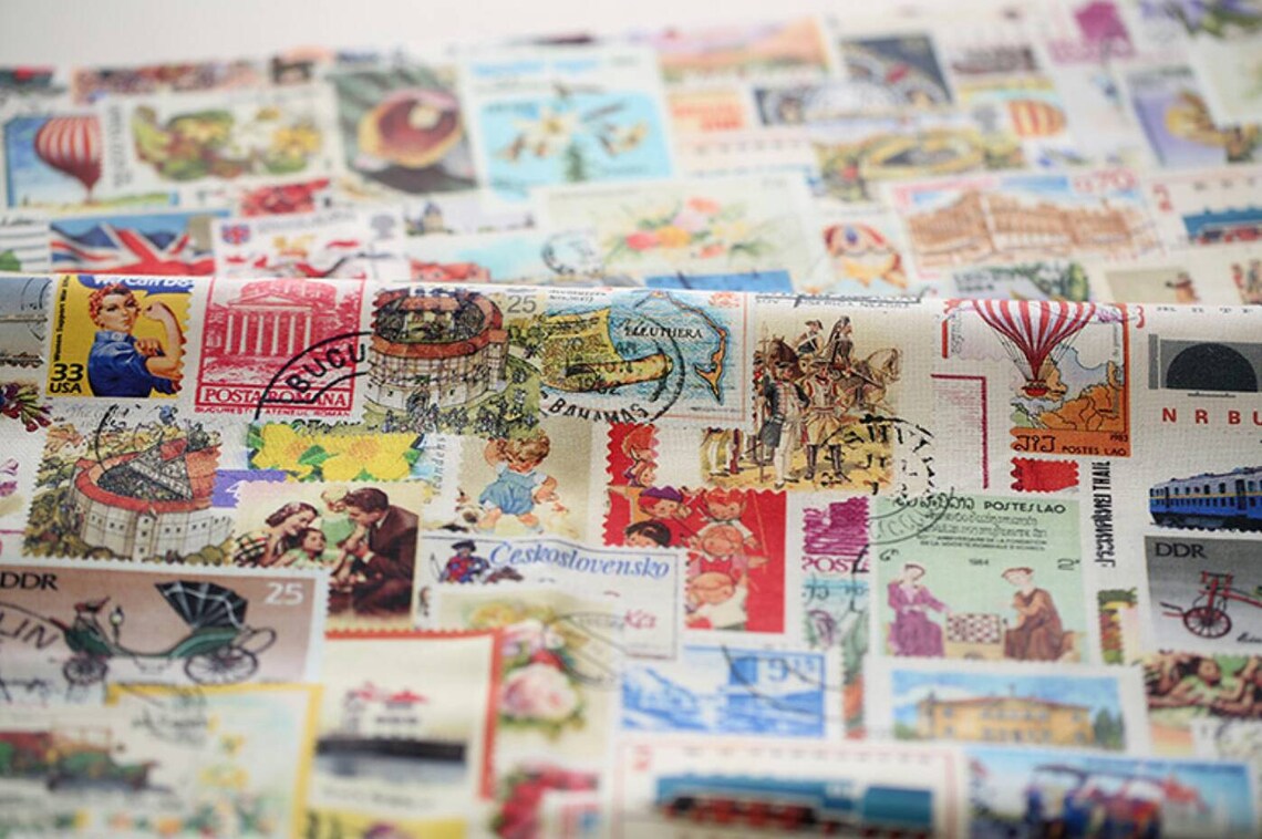 Vintage Postage Stamp Patterned Fabric Cute sewing Quilt Etsy