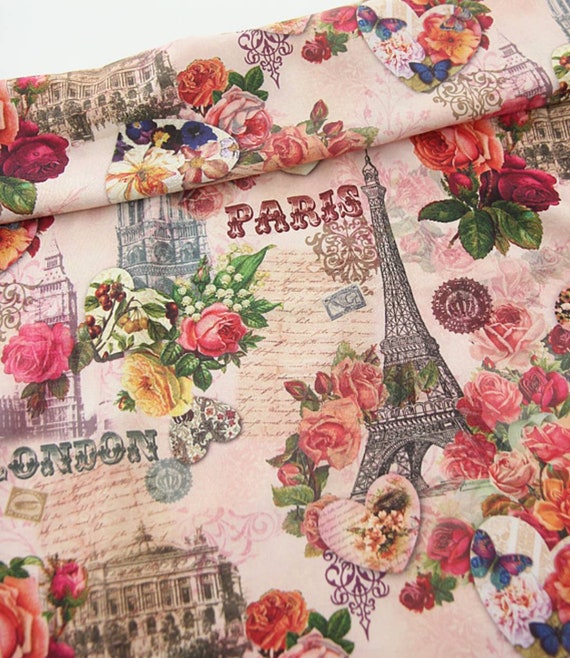 Vintage Flowers Eiffel Tower Patterned Fabric Sewing Quilt Etsy