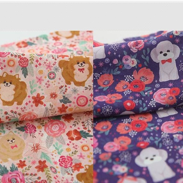 Pomeranian Bichon Frise Flowers Patterned Dog Fabric made in Korea by Half Yard Digital Textile Printing