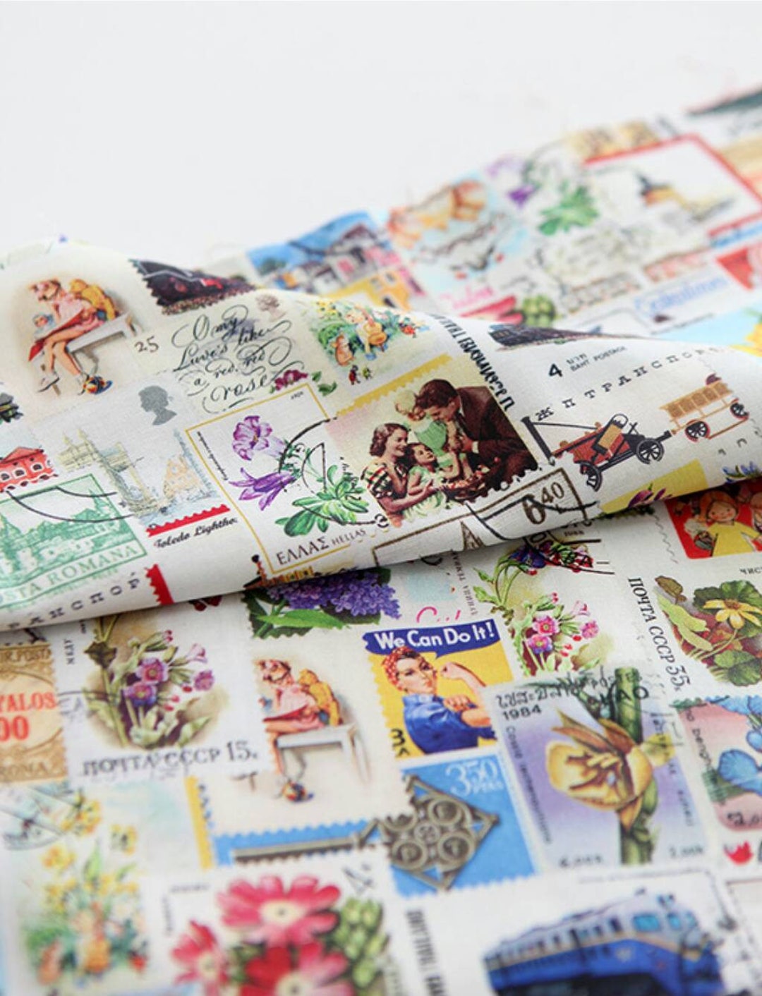 Vintage Postage Stamp Patterned Fabric, Cute, Sewing, Quilt Made in