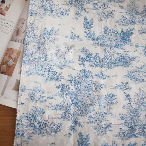 Tissu à motif Toile de Jouy fabriqué en Corée sur un demi-mètre/45 X 140 cm 18" X 55", coton et lin