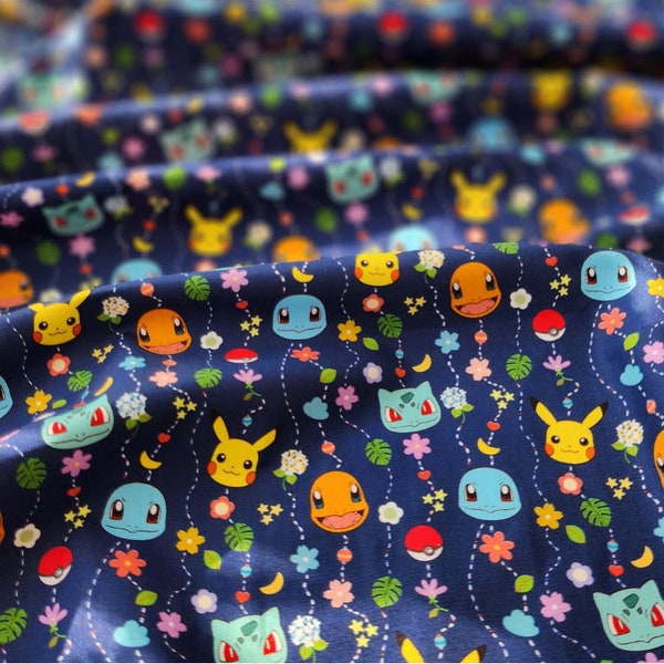 Pocket Monster, Pokemon, Pikachu,Eevee, Charmander, Bulbasaur, Squirtle Mobile Patterned Fabric made in Korea by the Half Yard