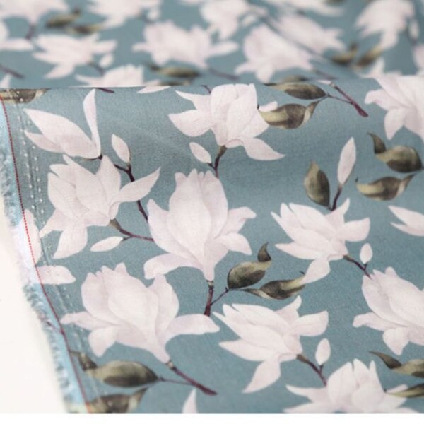 Magnolia Flower patterned Fabric made in Korea by Half Yard / 45 X 150cm or 18" X 57.5", Cotton Linen