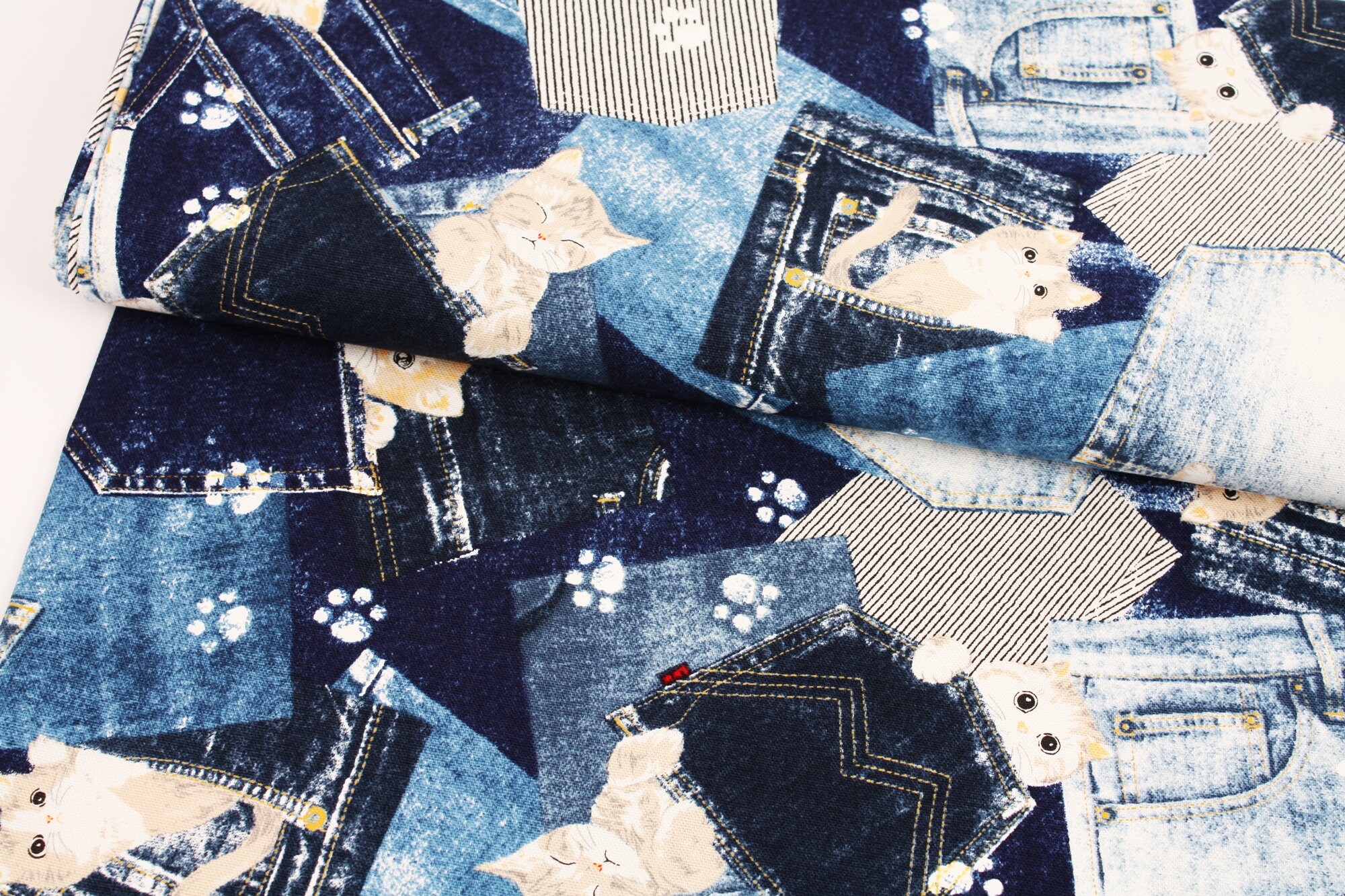 Oxford Cat Kitten Jeans Patterned Fabric Printed in Korea by | Etsy