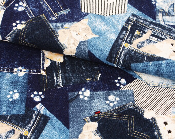 Oxford Cat Kitten Jeans Patterned Fabric Printed in Korea by - Etsy