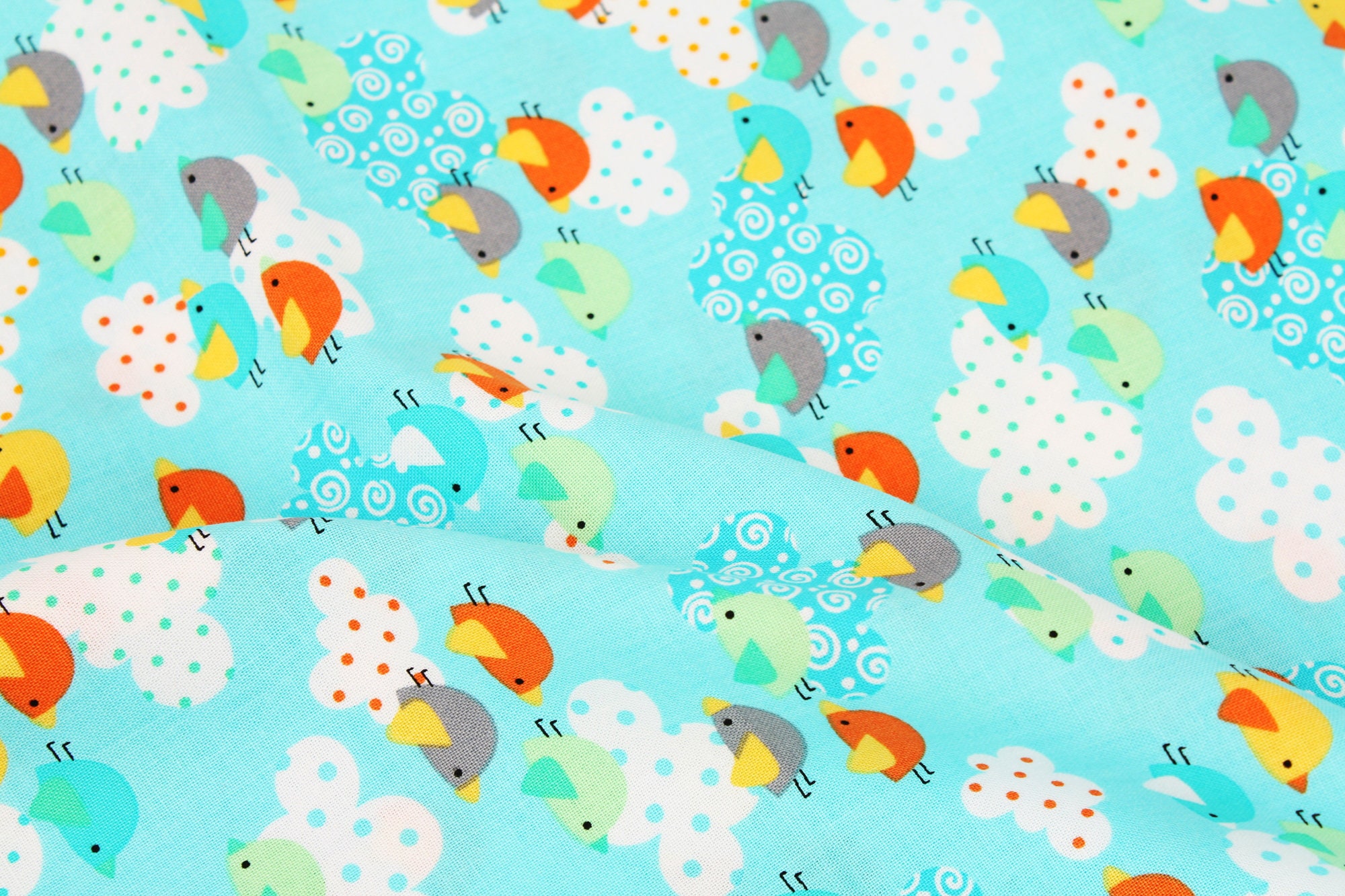 Breezy Baby Birds Clouds Aqua Printed Fabric Designed by Greta - Etsy