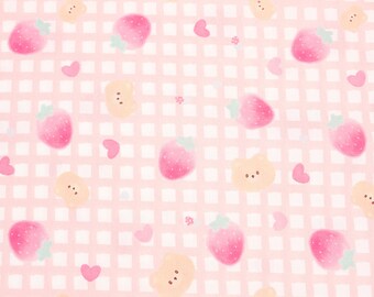 Pink Gingham Strawberry Teddy Bear Patterned 40s Fabric made in Korea by the Yard 36" x 58" or 90 x 145cm