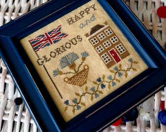 Happy and Glorious, a patriotic pdf cross stitch design,with the option of an Australian flag to stitch in place of the Union Jack